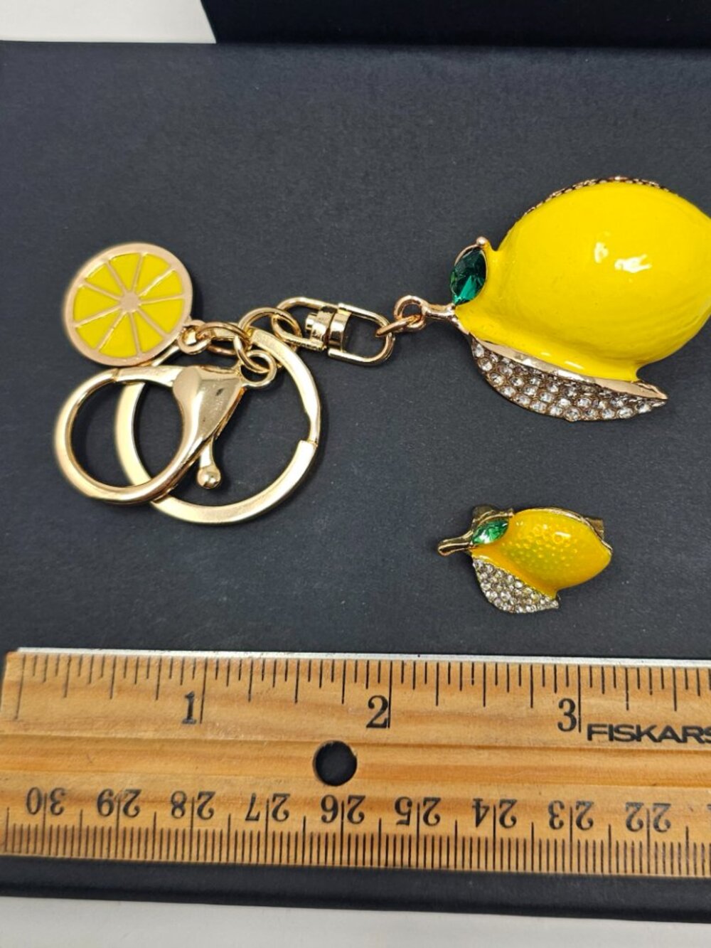 Lemon Keychain + Matching Lemon Pin Set, Yellow Enamel Rhinestone Purse Charm - Picture 2 of 8